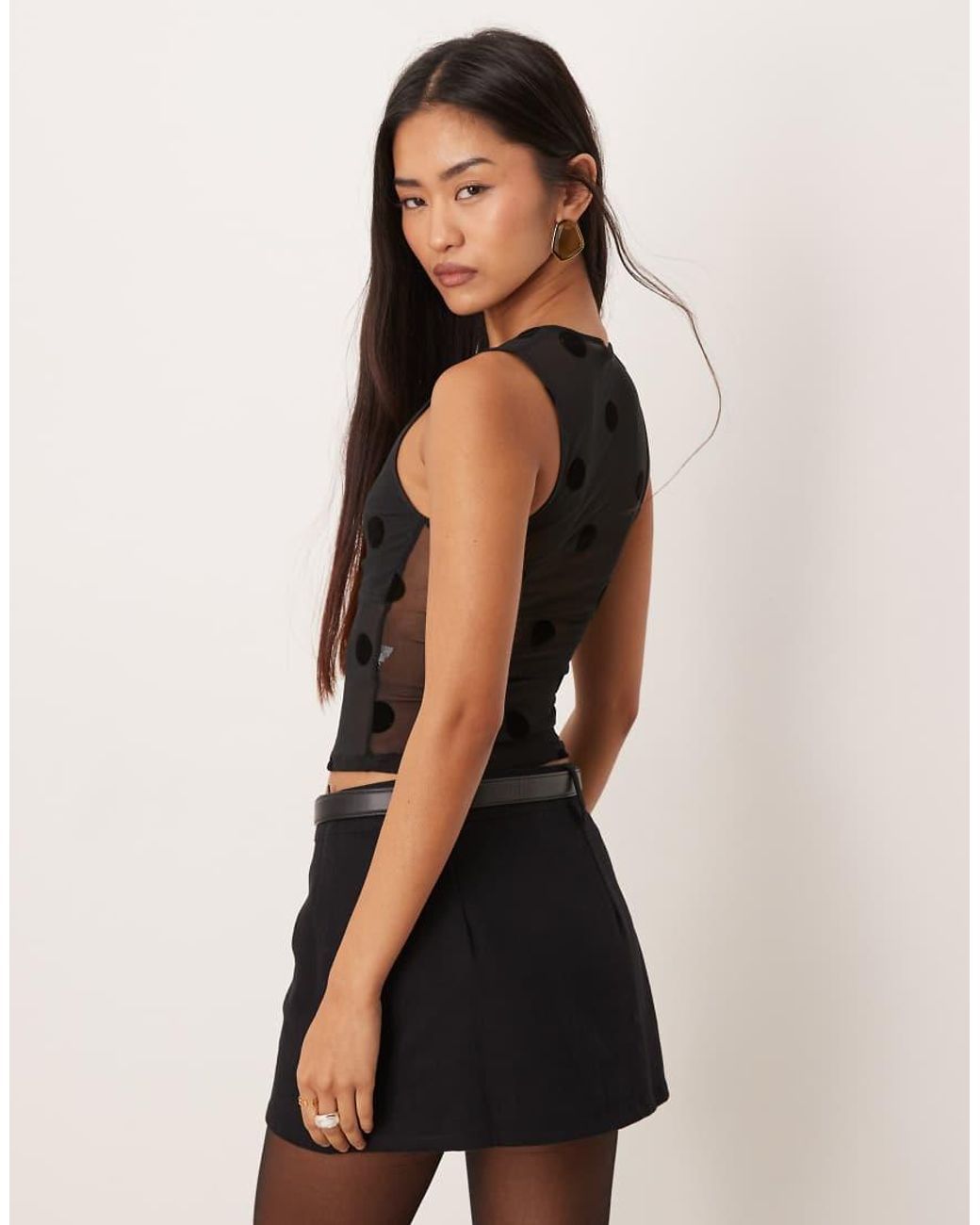 Motel Black Lihat Big Polka Dots Mesh V-neck Top