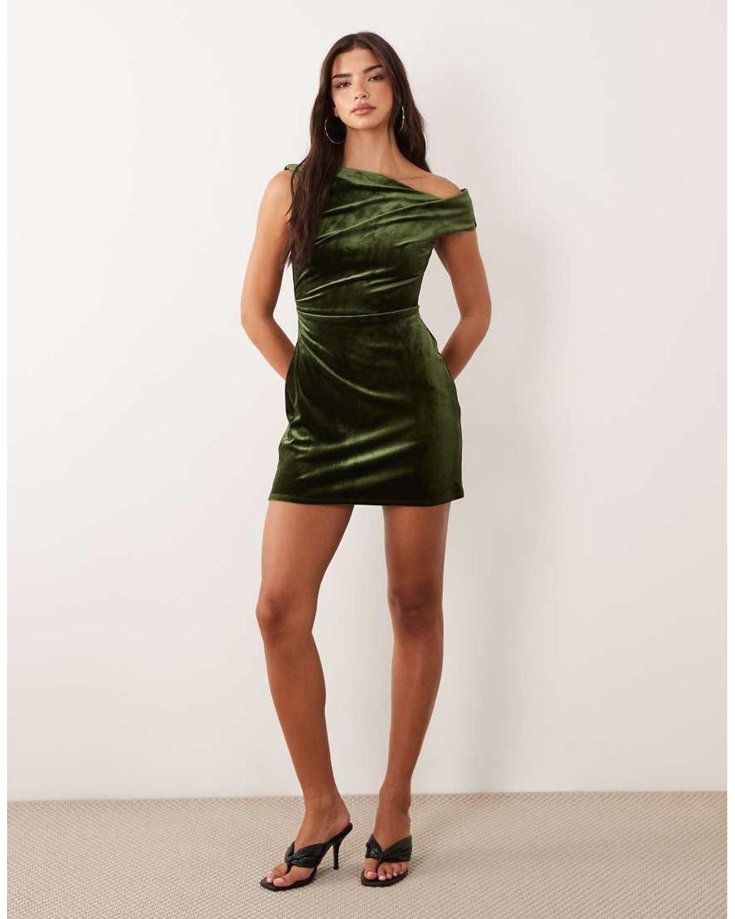 ASOS Green Off The Shoulder Velvet Drape Mini Dress