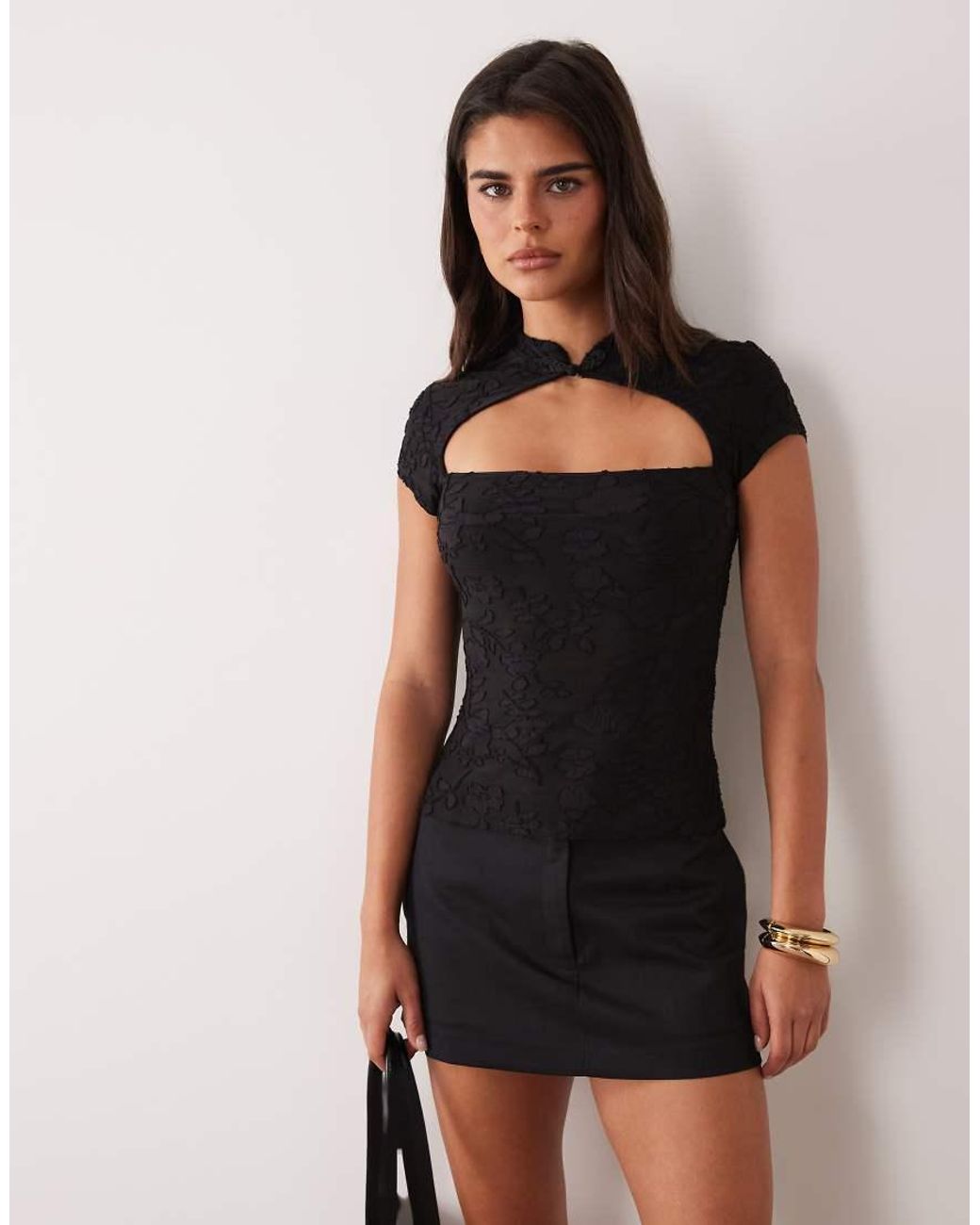 ASOS Black Devore Mesh Mandarin Cap Sleeve