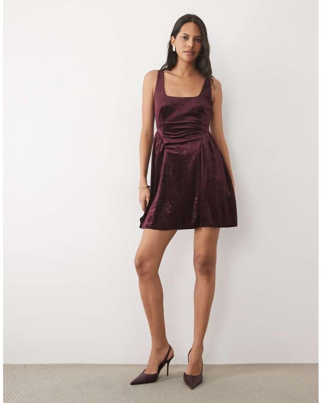 New Look Red Square Neck Velvet Skater Mini Dress