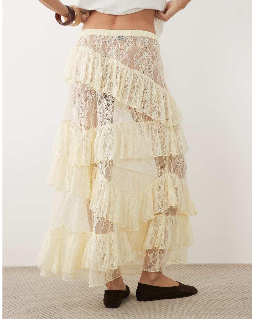 Miss Selfridge Natural Tiered Lace Maxi Skirt