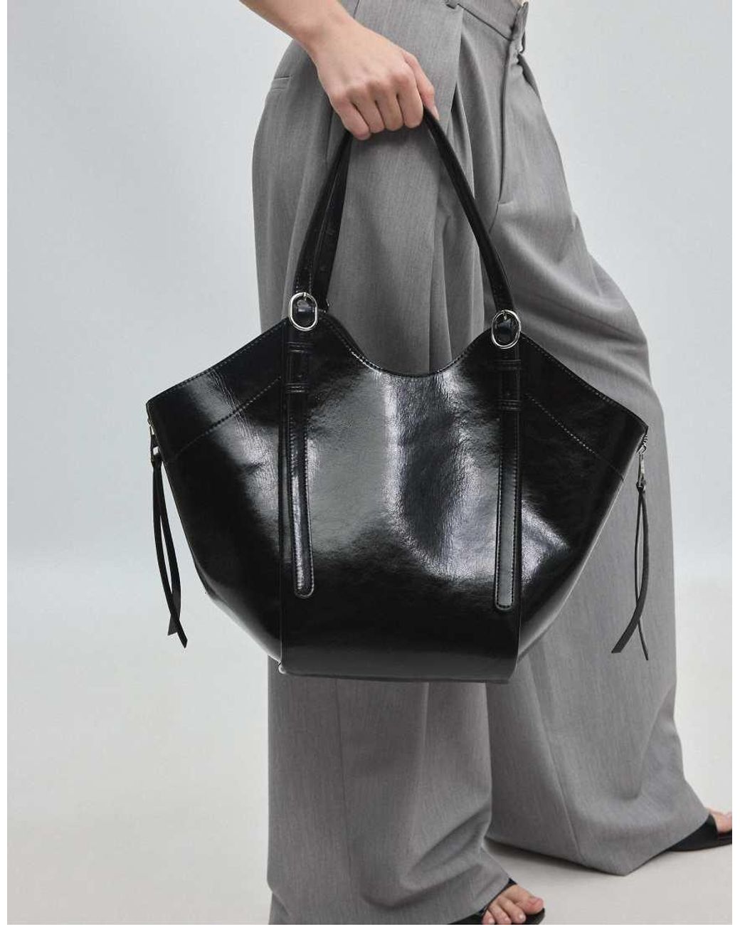 Stradivarius Black Shoulder Tote Bag With Buckles