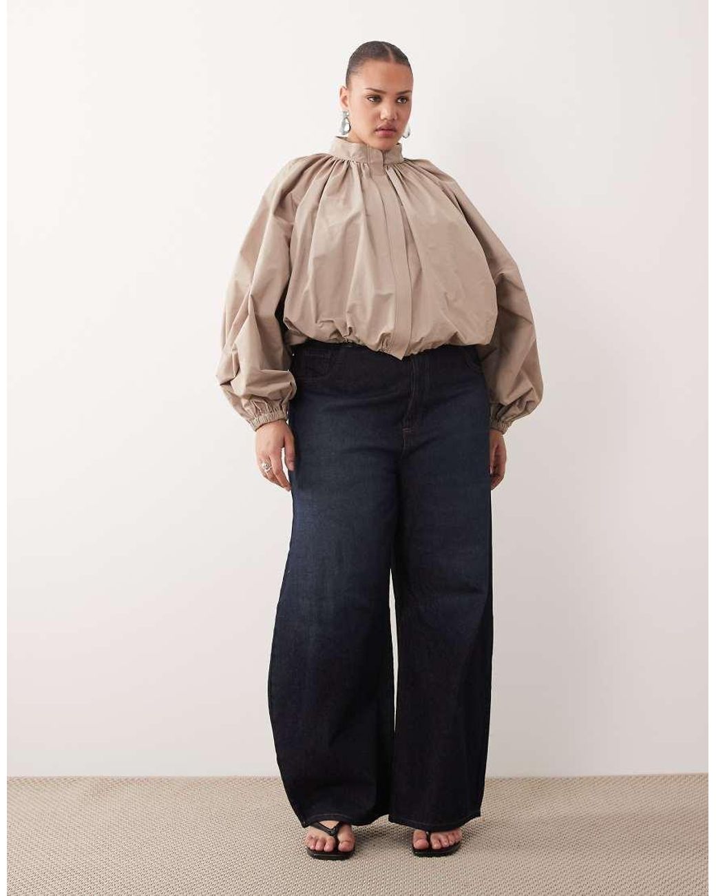 ARRANGE Brown Curve Oversized Bomber Jacket With Balloon Sleeve