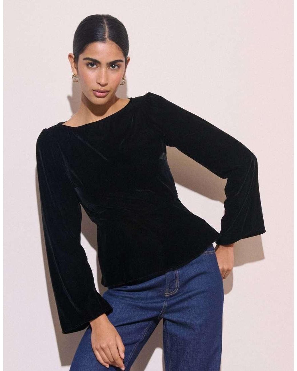 Nobody's Child Blue Fluted Sleeve Velvet Eva Top