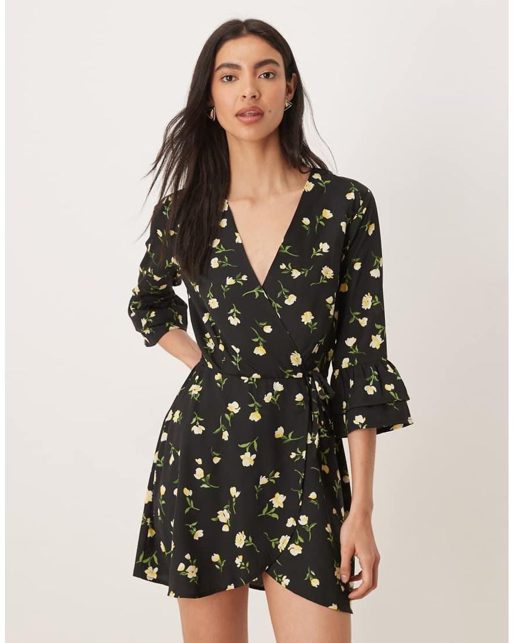 Wednesday's Girl Natural Wrap Around Long Sleeve Mini Dress