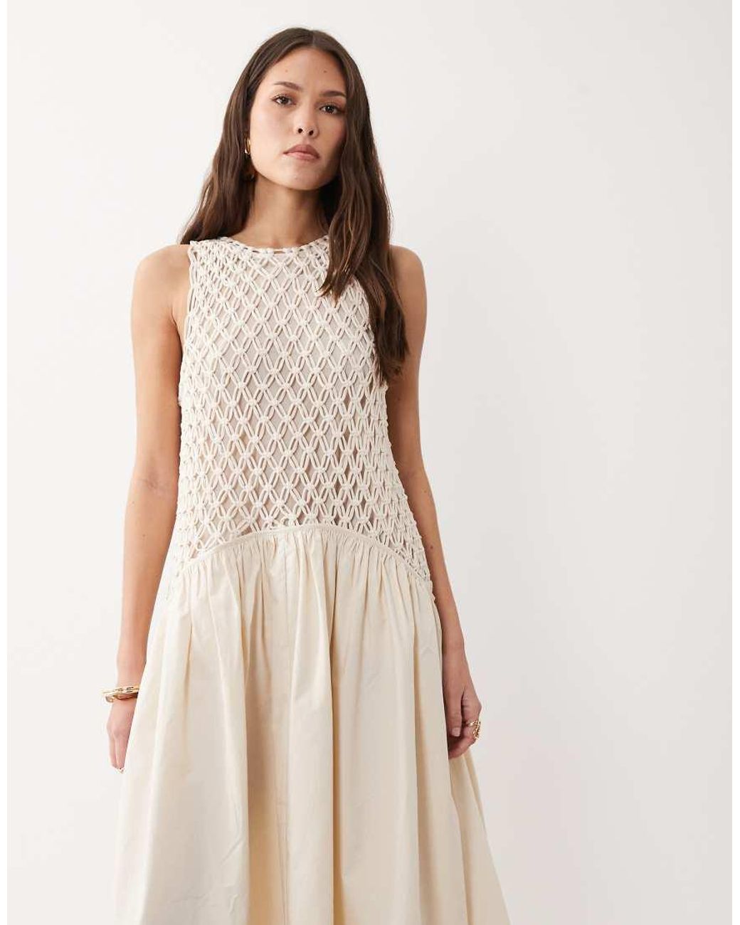 ASOS Natural Macrame Dropped Waist Maxi Dress With Poplin Skirt