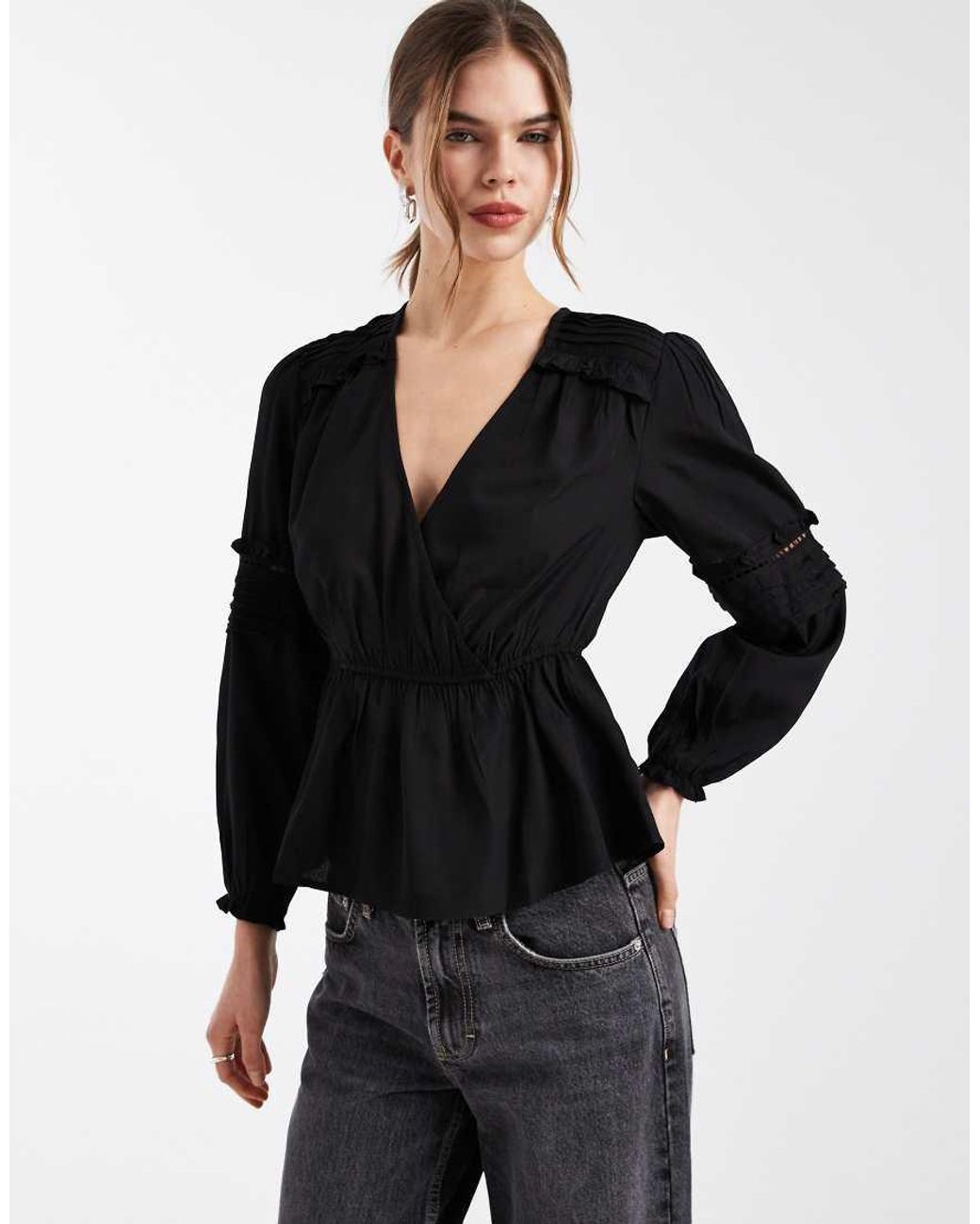 Wednesday's Girl Black V Neck Peplum Textured Long Sleeve Top