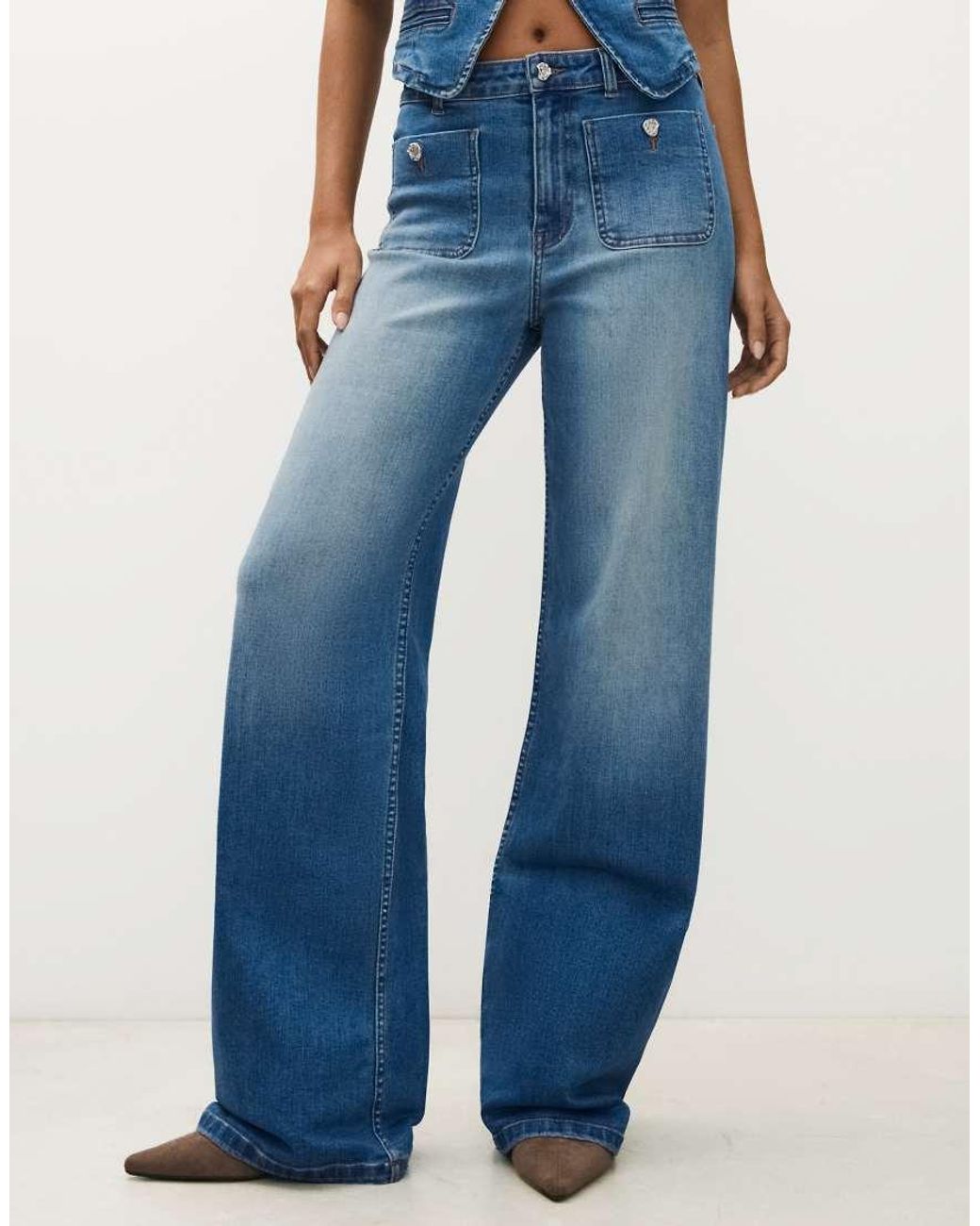 Bershka Blue Wide-leg Jeans With Button Detail