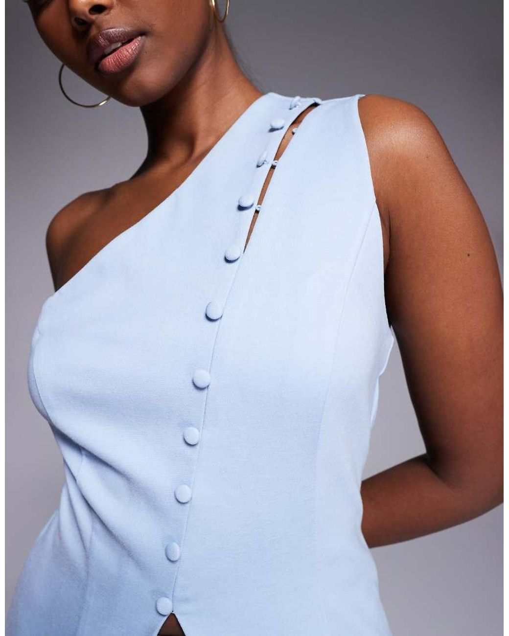 Kaiia Blue Exclusive Structured Asymmetric Shoulder Button Through Detail Split Front Top Co-ord