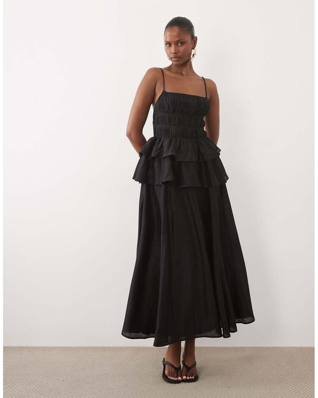 ASOS Black Pleated Bodice Maxi Dress With Tiered Waist