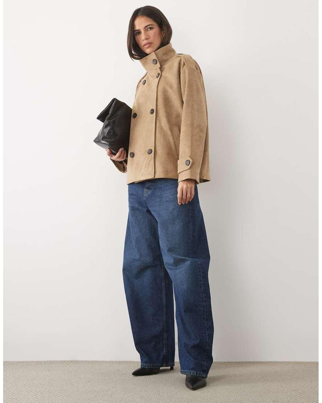 Pretty Lavish Natural Faux Suede High Neck Cropped Trench Coat