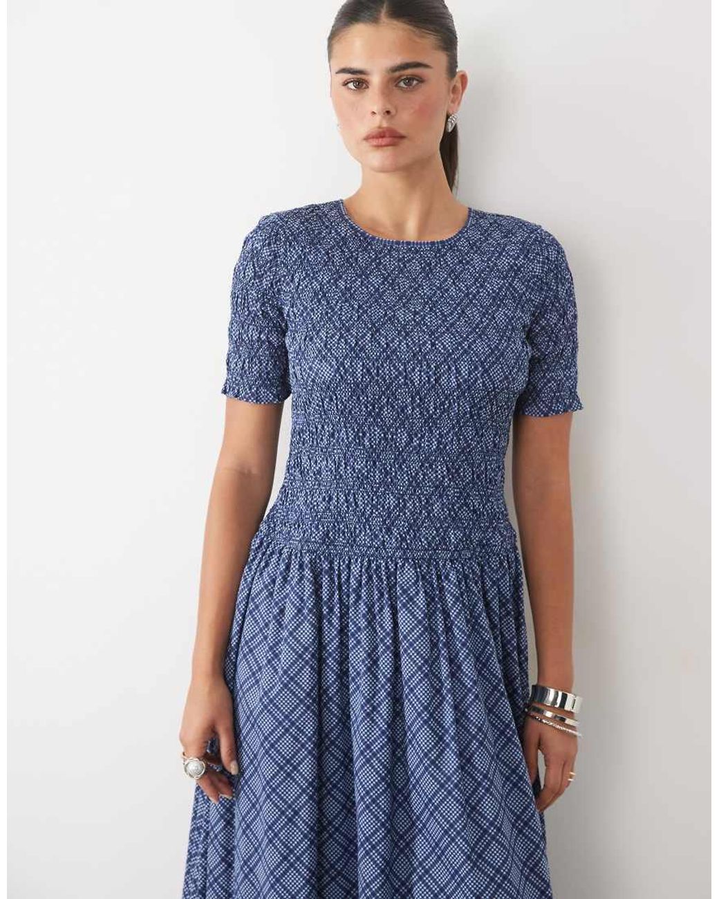 Nobody's Child Blue Shay Cotton Shirred Puff Sleeve Midi Dress