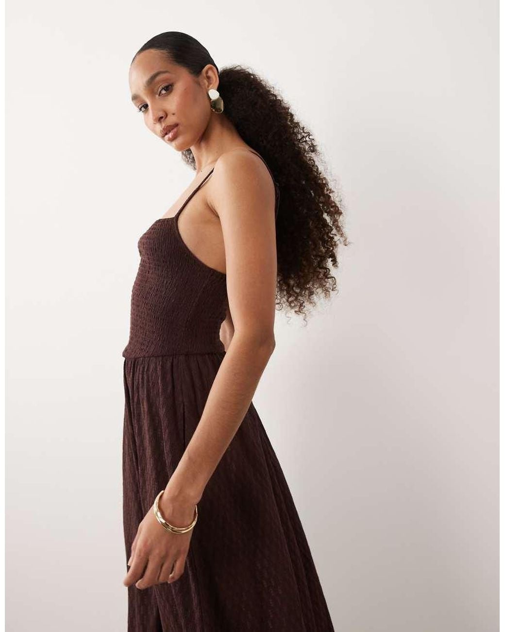 Brave Soul Brown Textured Jersey Dress With Shirred Bodice