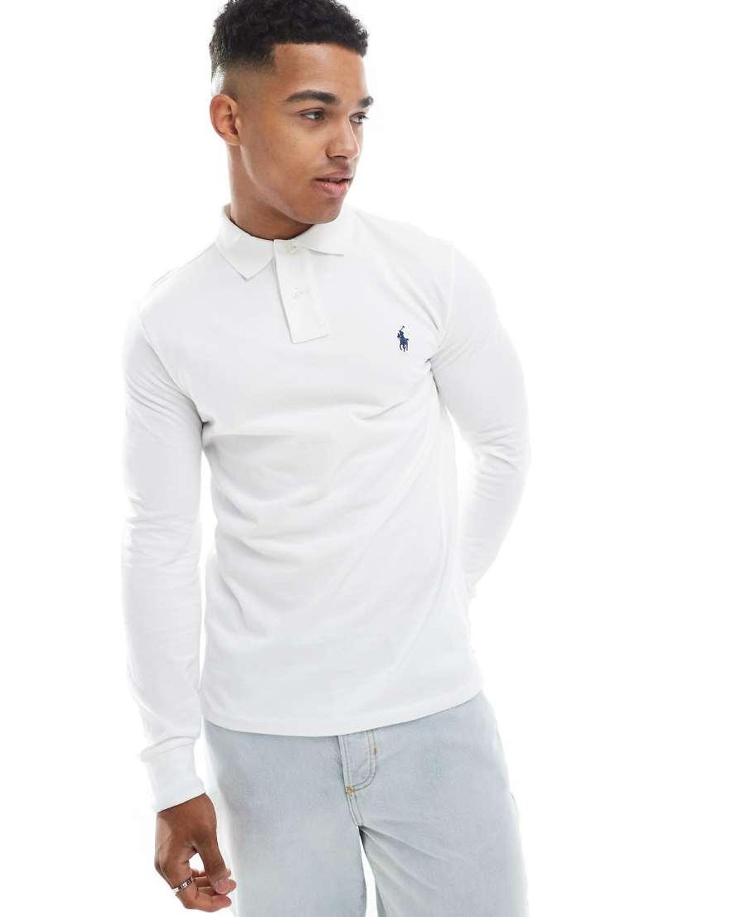 Polo Ralph Lauren White Icon Logo Custom Slim Fit Long Sleeve Polo for men