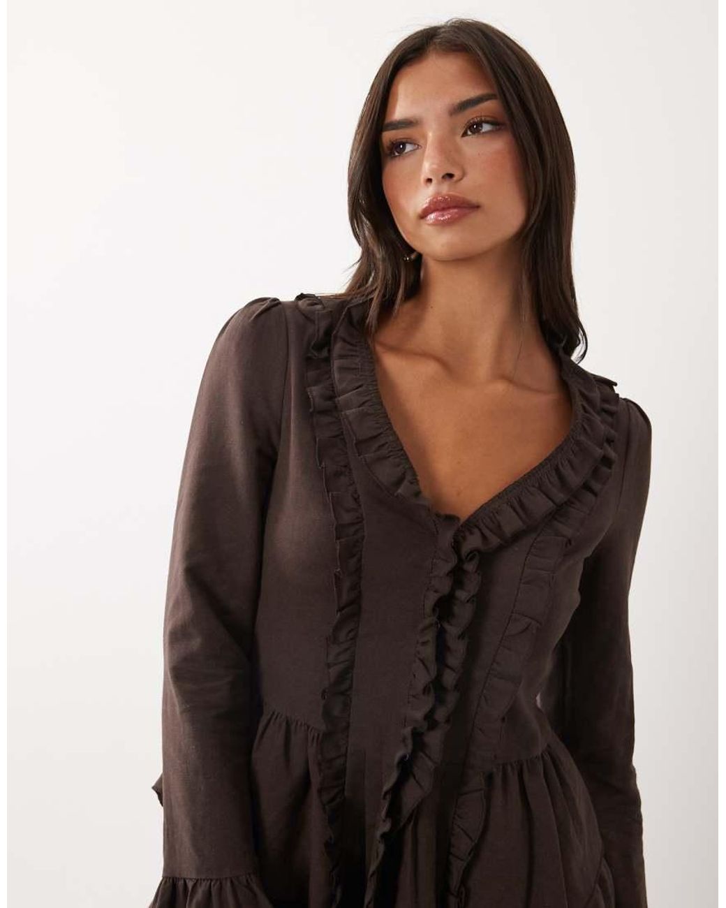 Lioness Brown Odette Linen Rich Ruffle Detail Long Sleeve Flare Sleeve Top Co-ord