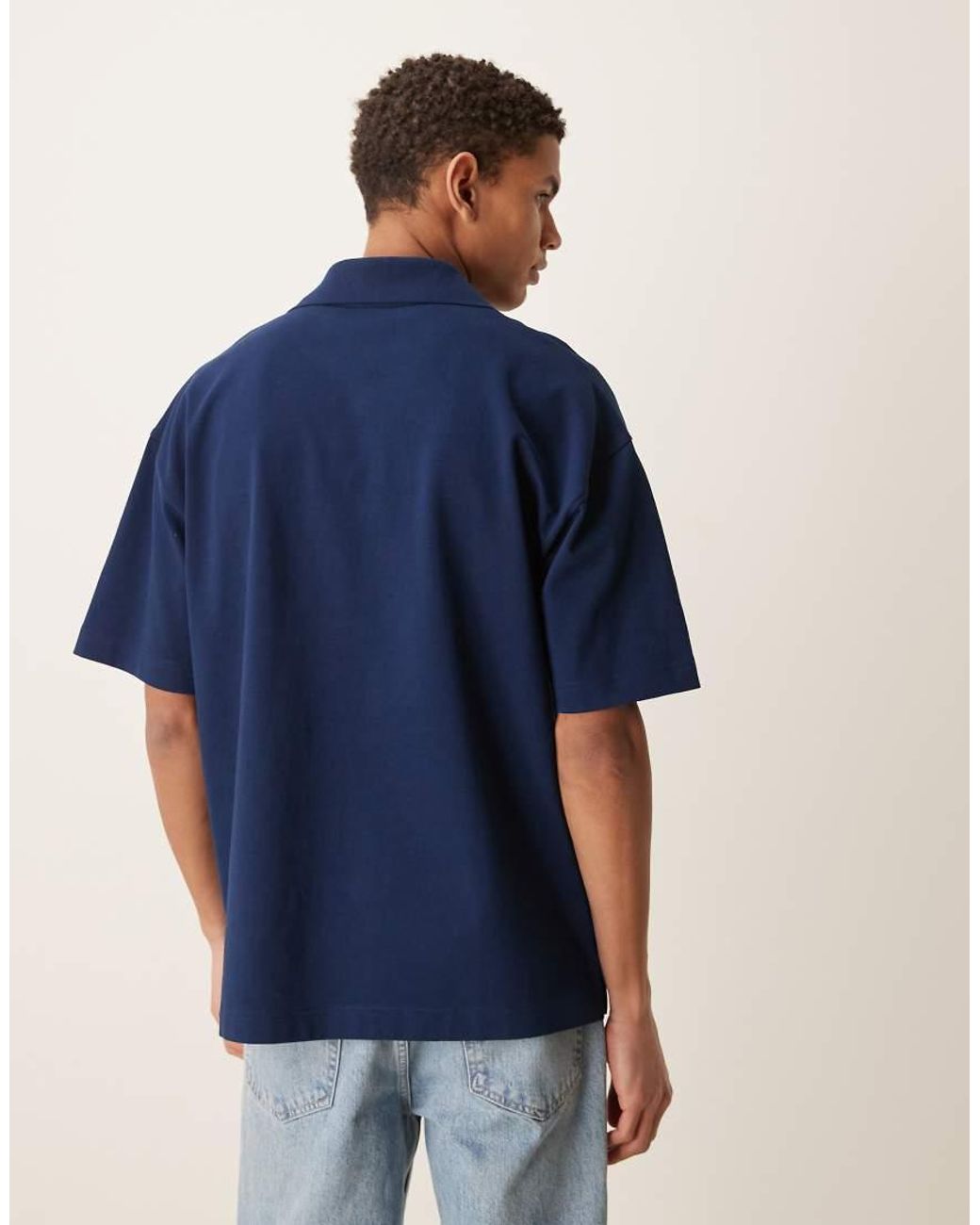 ASOS Blue Circular Design Collection Super Heavyweight Oversized Polo With Chest Print for men