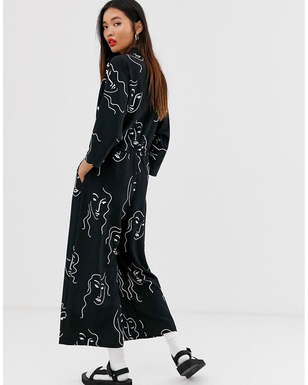 Monki Faces Print Drawstring Waist Jumpsuit in Black Lyst UK