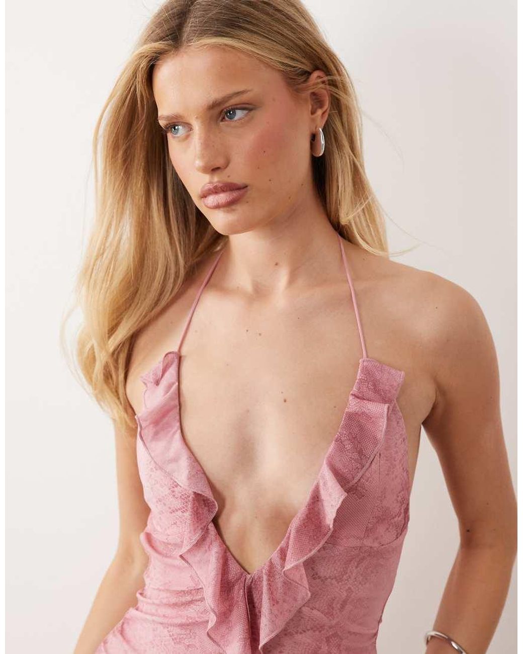 I.AM.GIA Pink Vira Plunge Neck Open Tie Back Ruffle Hem Mini Dress