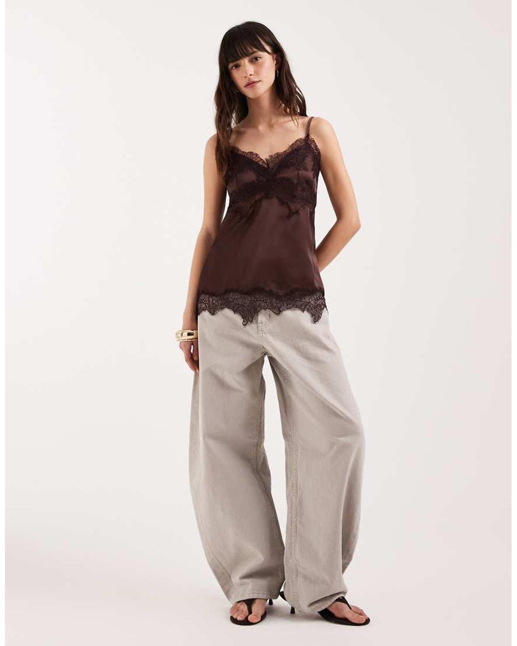 ASOS Brown Lace Trim Long Line Satin Cami Top