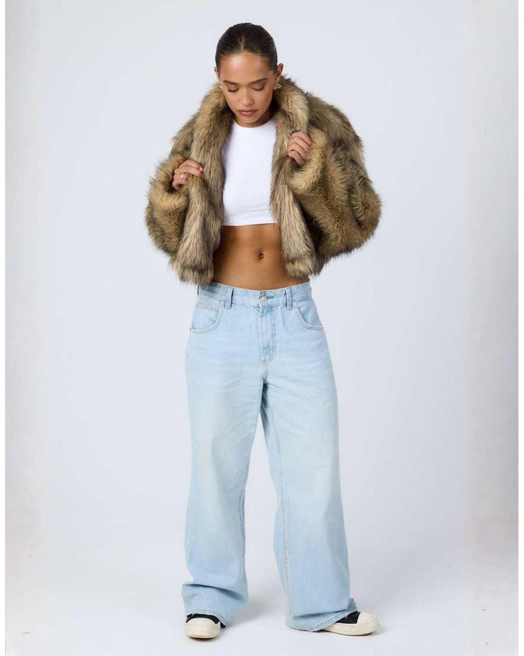 Aria Cove Blue Oversized Cropped Wide Sleeve Faux Fur Jacket