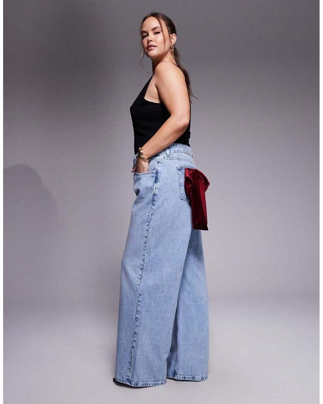 ASOS Blue Curve Wide Leg Jeans With 3D Velvet Bow Detail