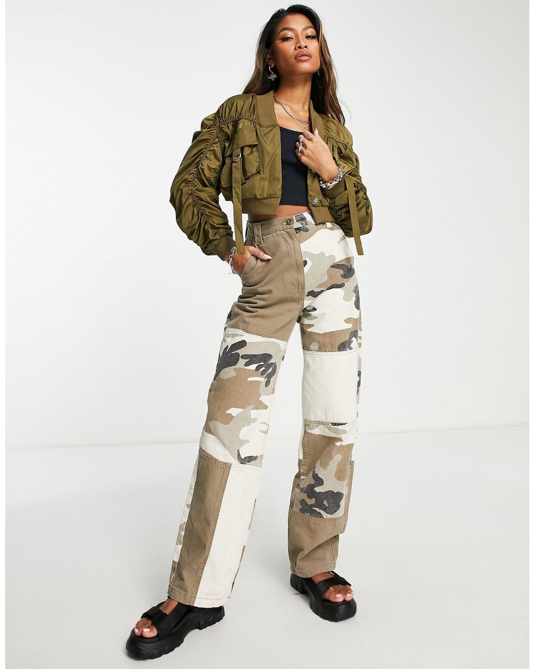 Bershka Satin Cargo Bomber Jacket in Green Lyst Canada