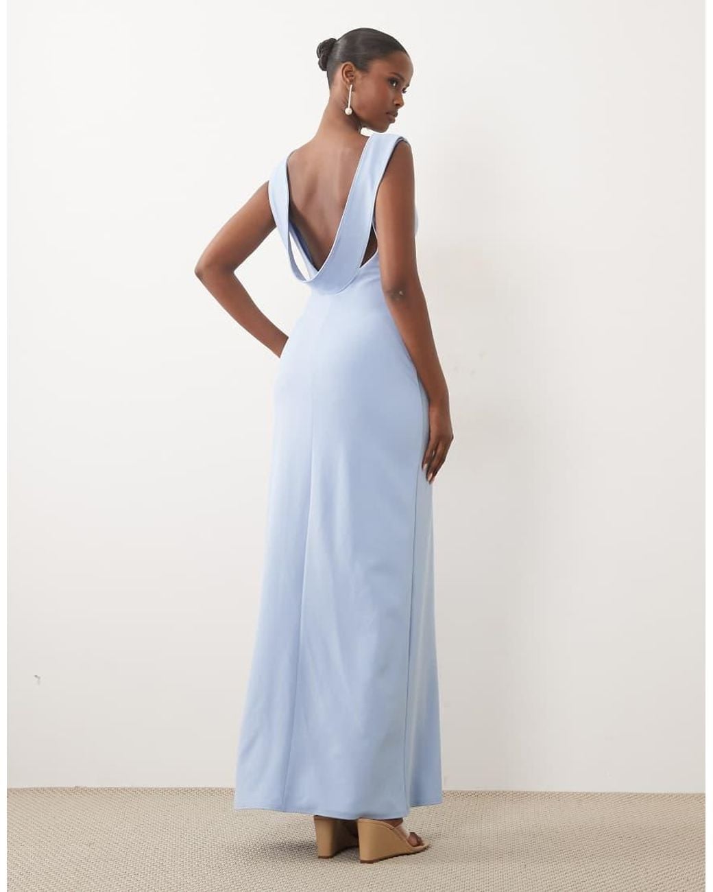 TFNC London Blue Crepe Slash Neck Backless Maxi Dress