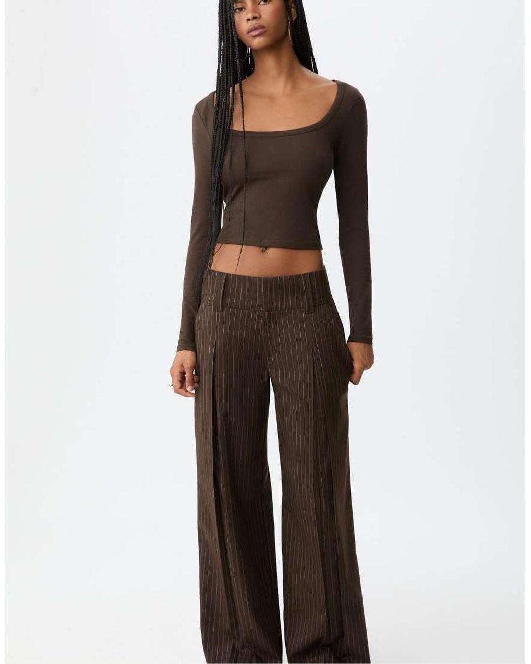 Stradivarius Brown Smart Trousers With Striped Waistband