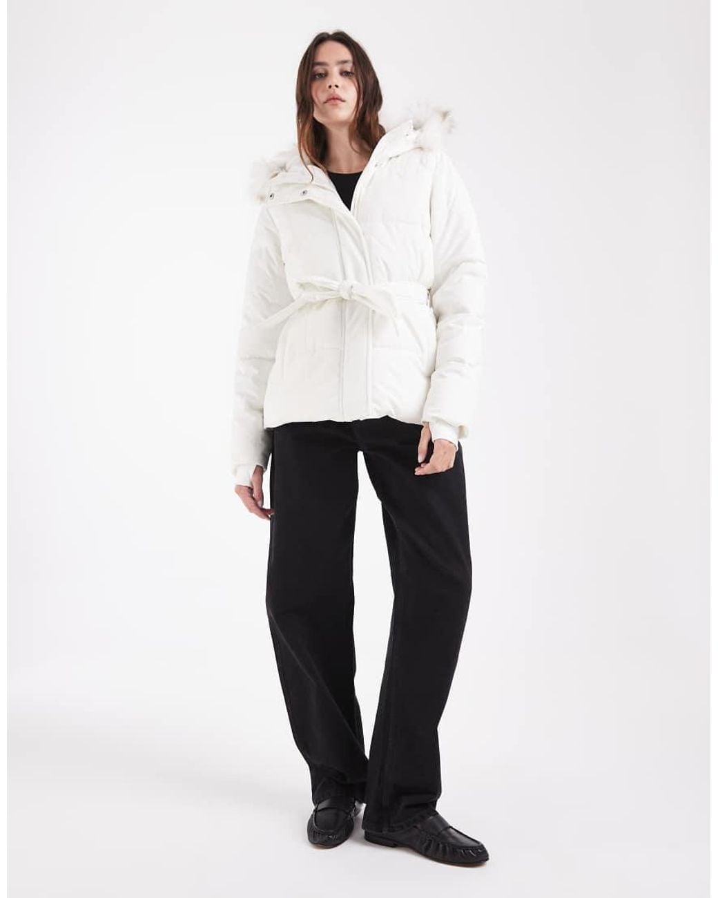 Hollister White Belted Puffer Jacket With Fur Hood