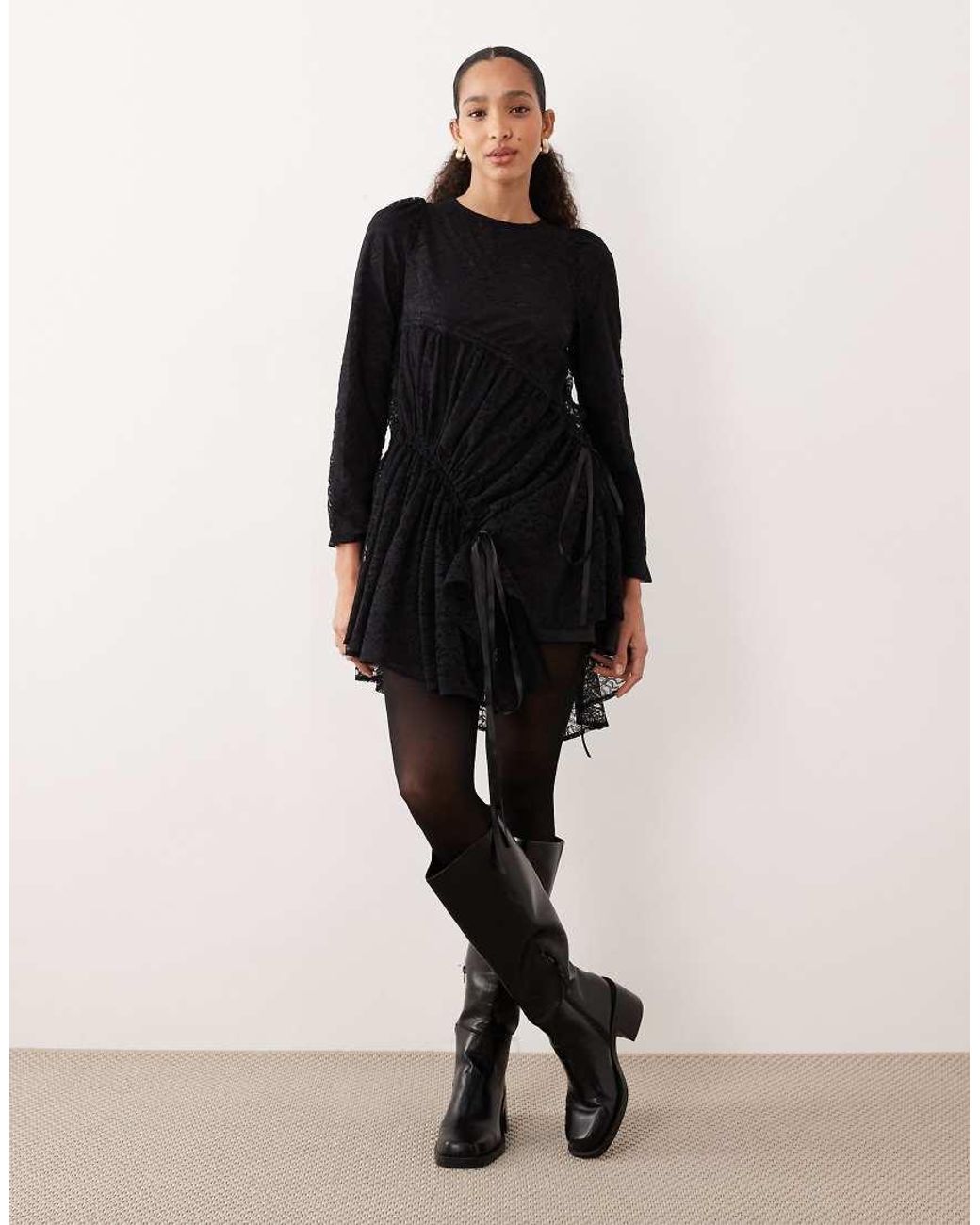 Ghospell Black Cotton Blend Lace Ruched Tie Detail Mini Dress