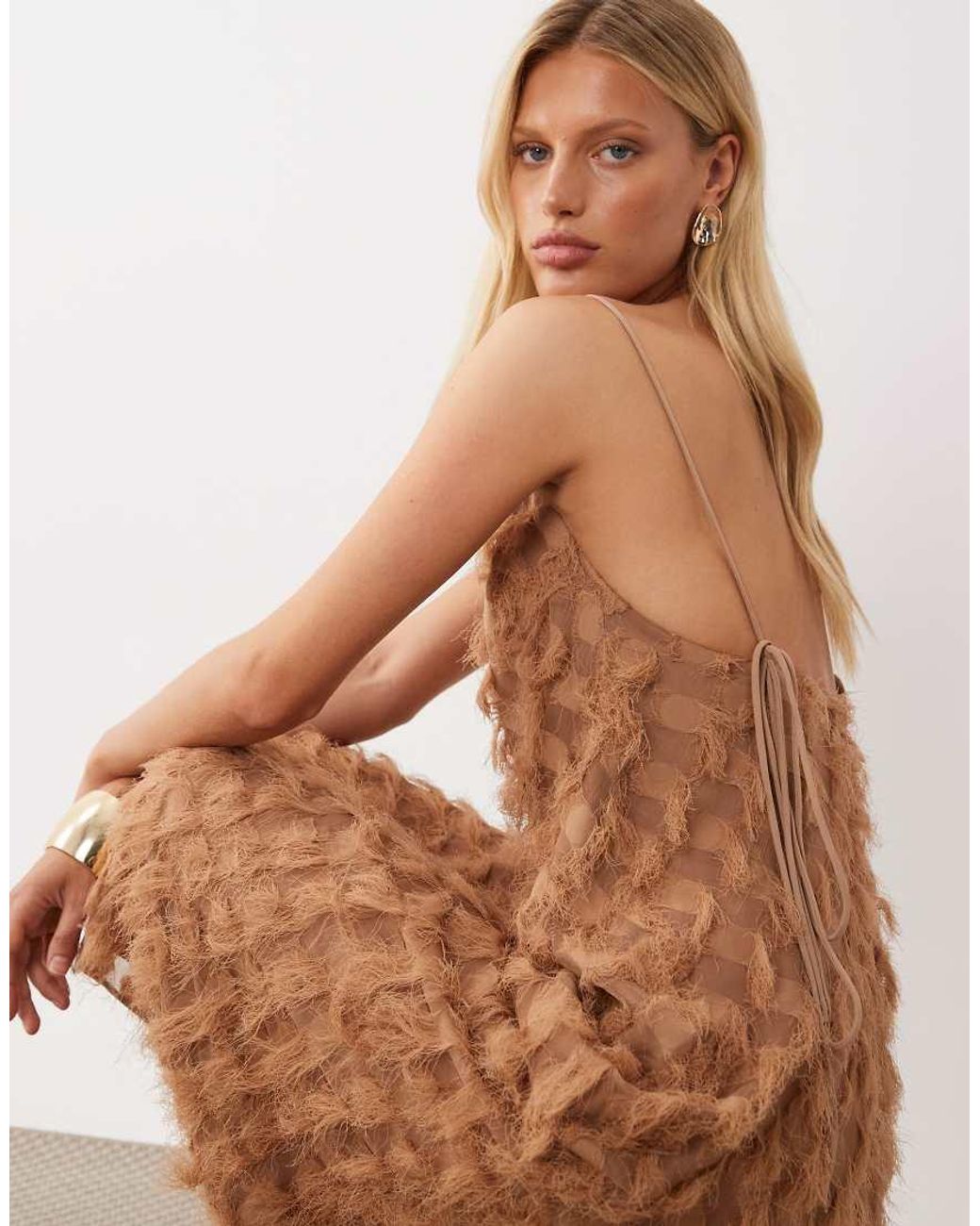 ASOS Natural Textured Fringe Backless Maxi Dress