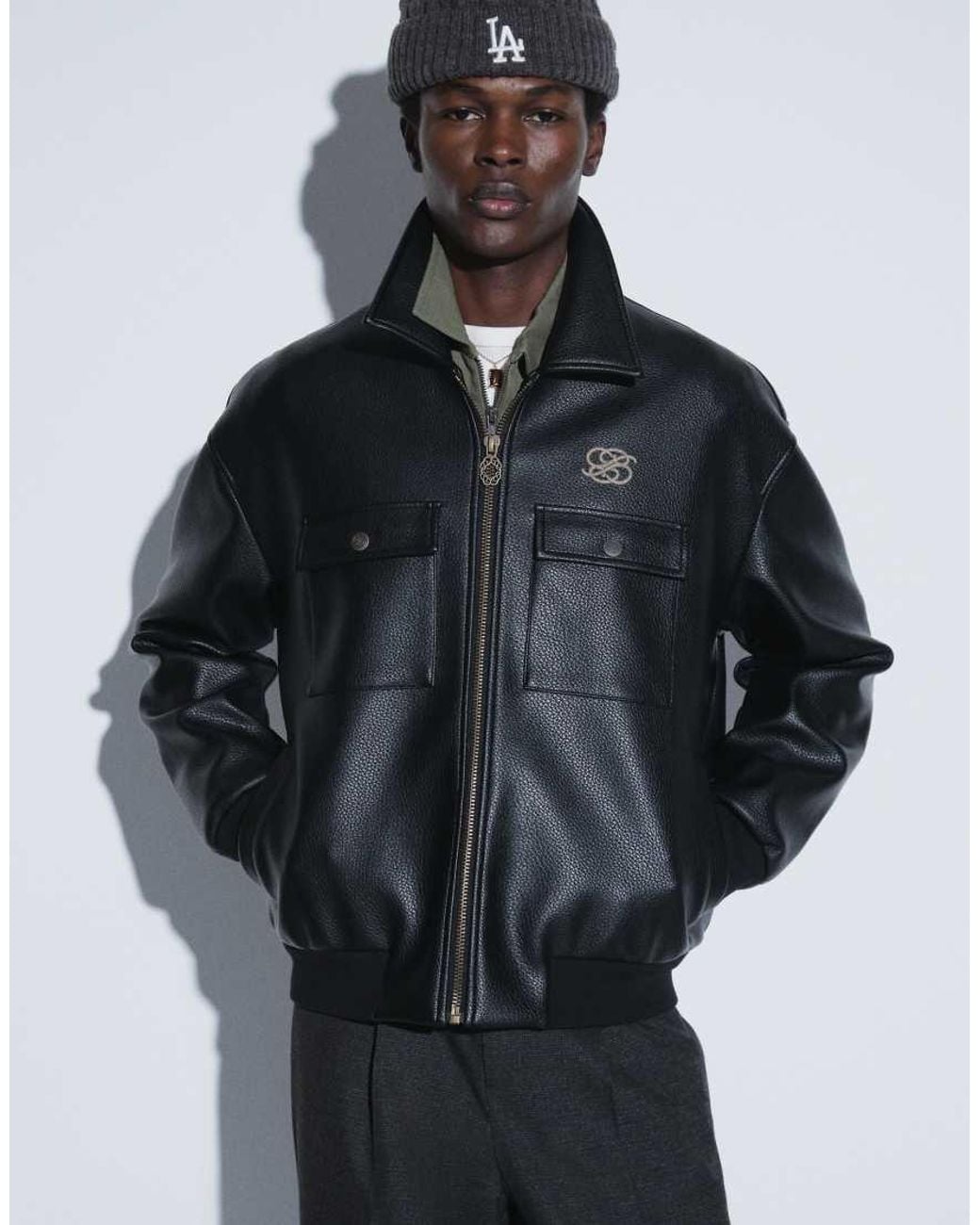 Prohibited Gray Oversized Pu Leather Trucker Jacket for men