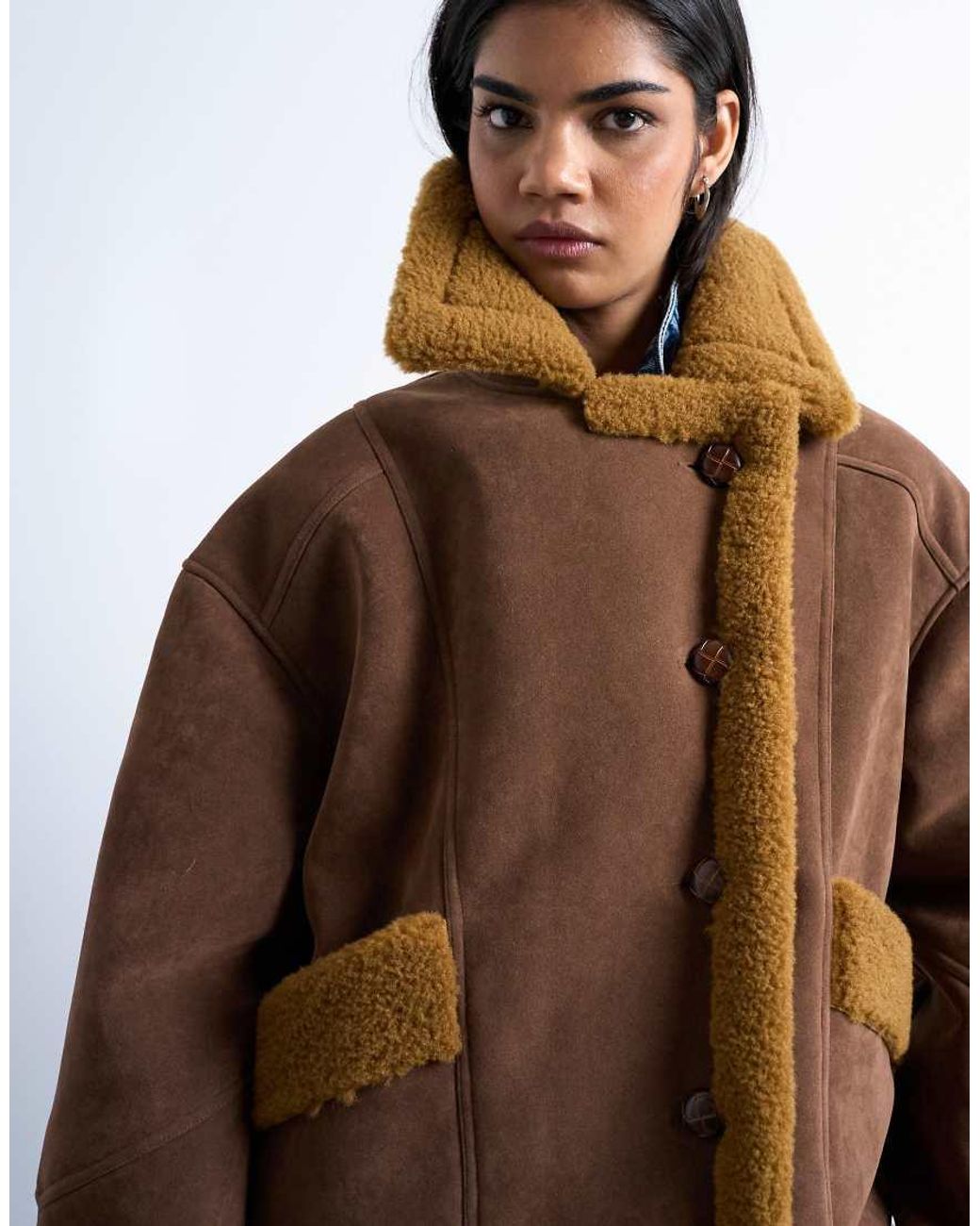TOPSHOP Brown Faux Shearling Oversized Car Coat
