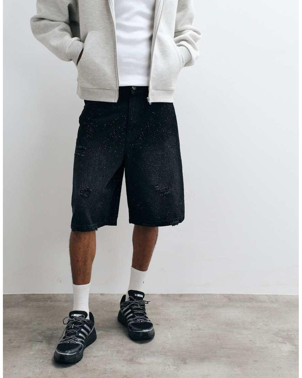 Courtside White Embellished Distressed Denim Jorts for men