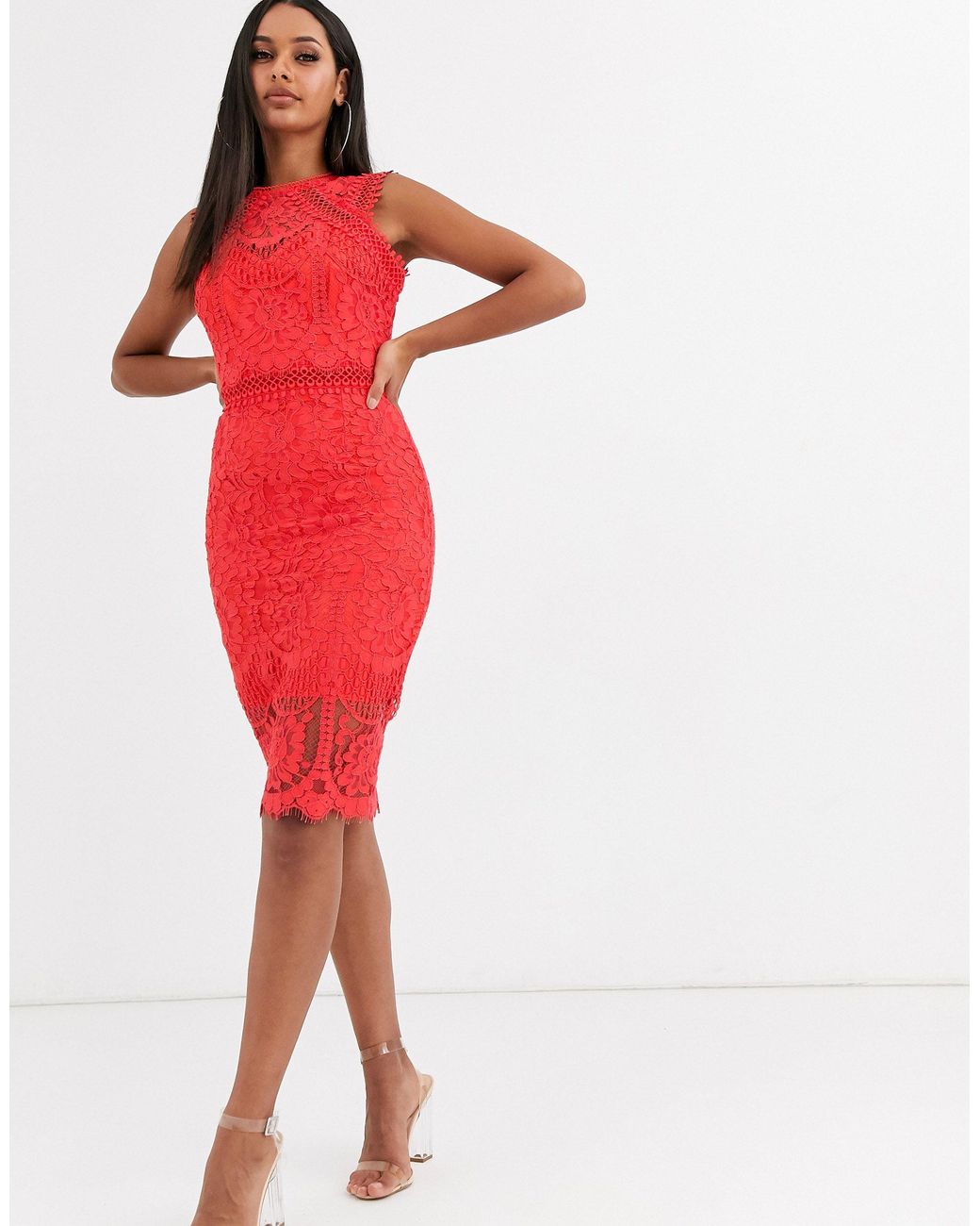 På kanten Valg Give Lipsy Premium Lace Midi Dress in Red | Lyst UK