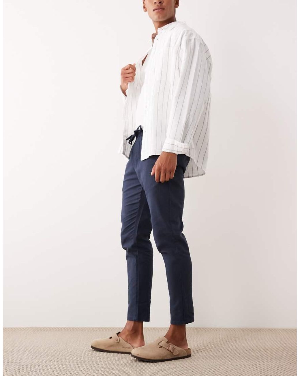 Only & Sons Blue Linen Mix Cropped Trouser for men