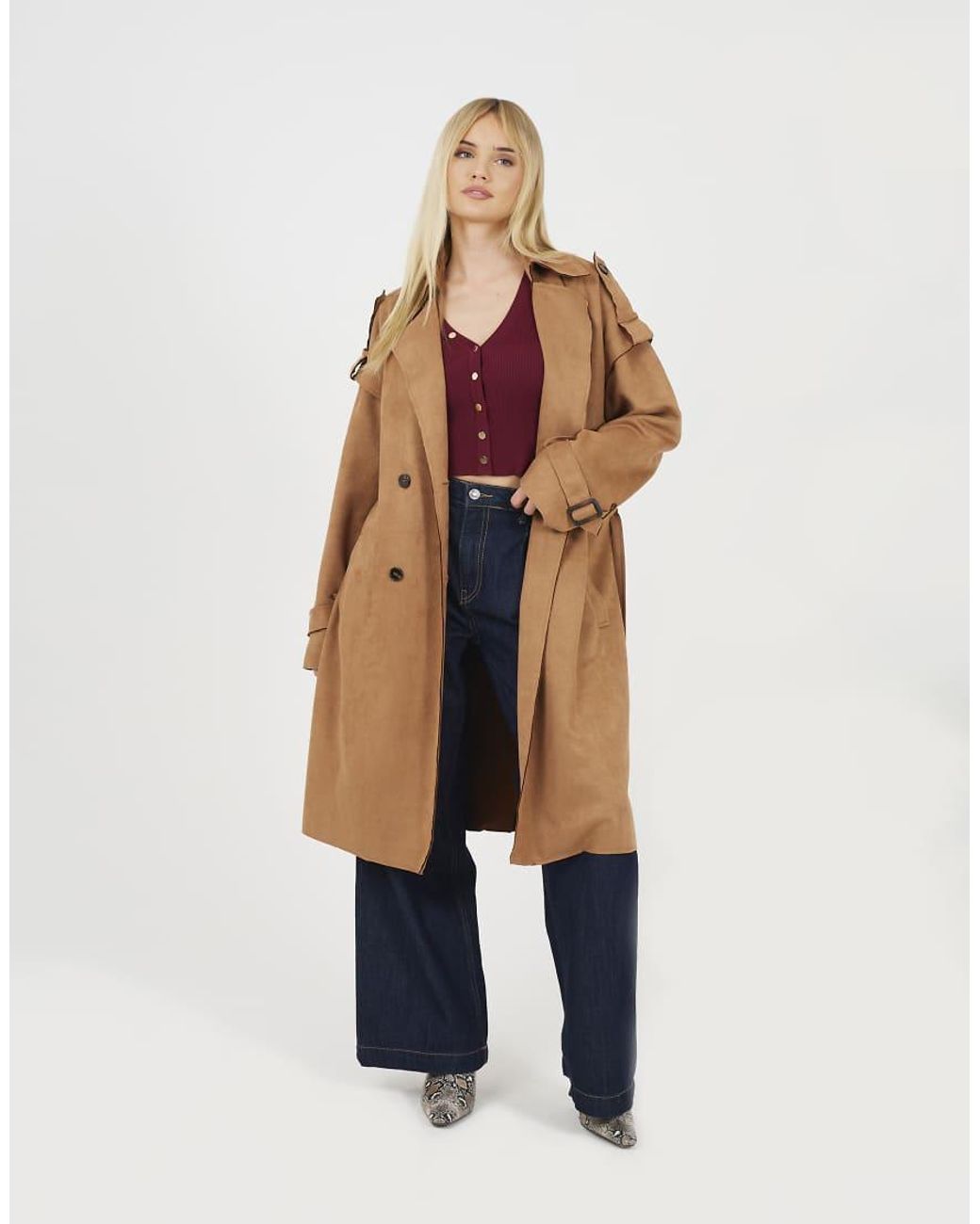 Brave Soul Natural Faux Suede Double Breasted Trench Coat