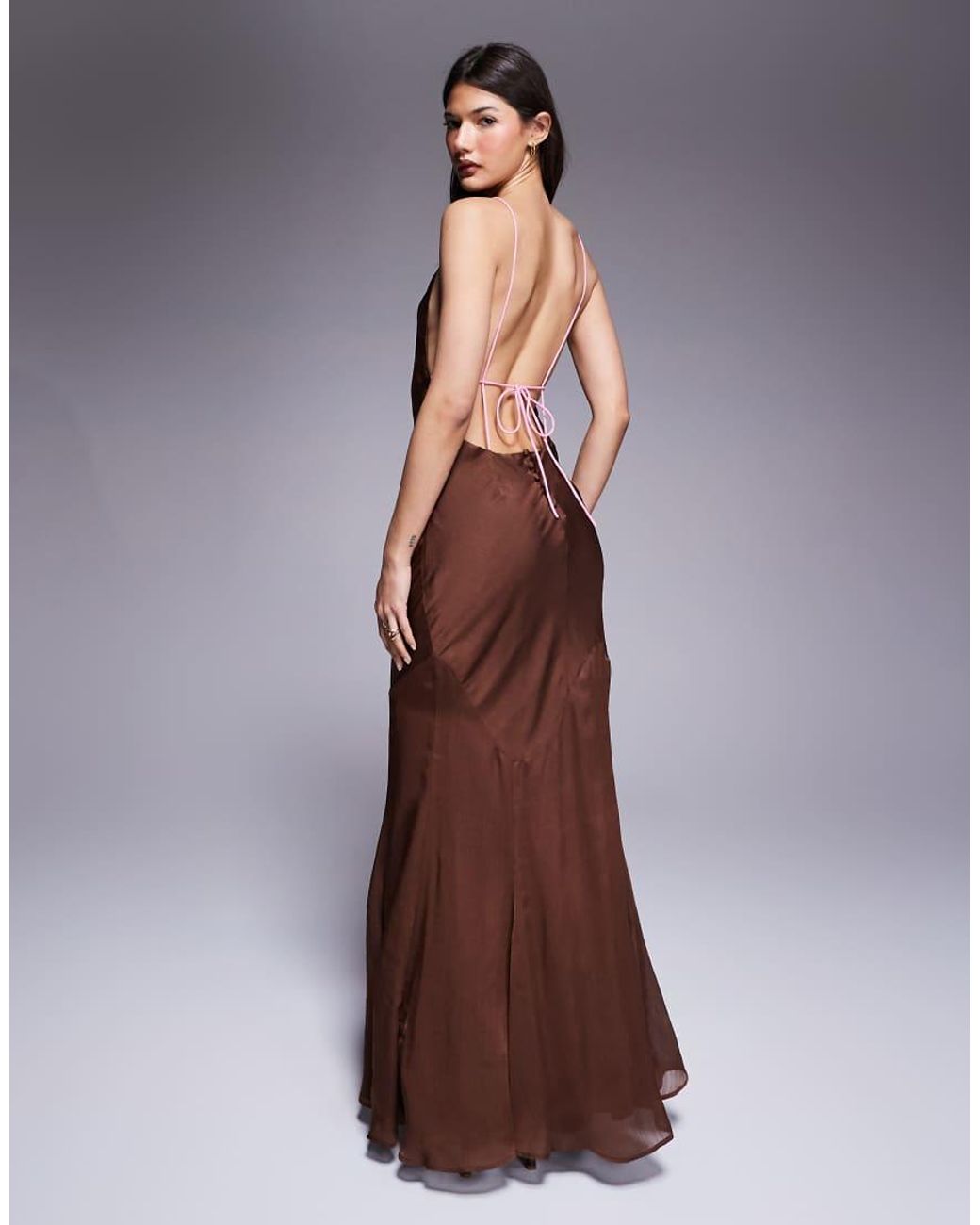 ASOS Brown High Neck Satin Bias Fishtail Maxi Dress