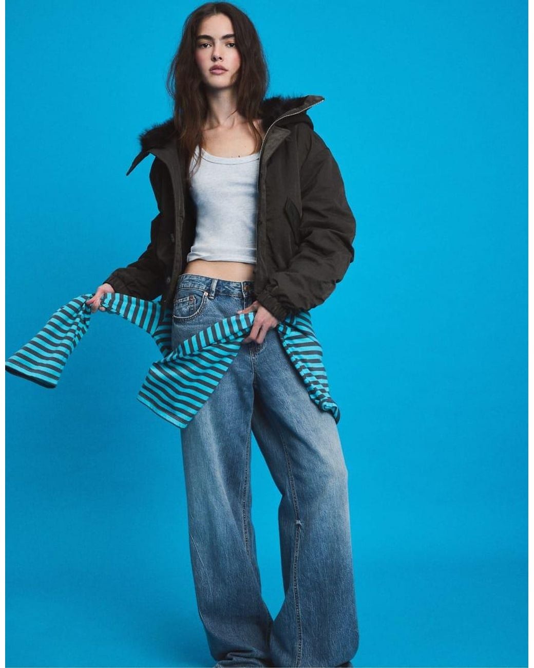 Stradivarius Blue Bomber Jacket With Faux Fur High Neck