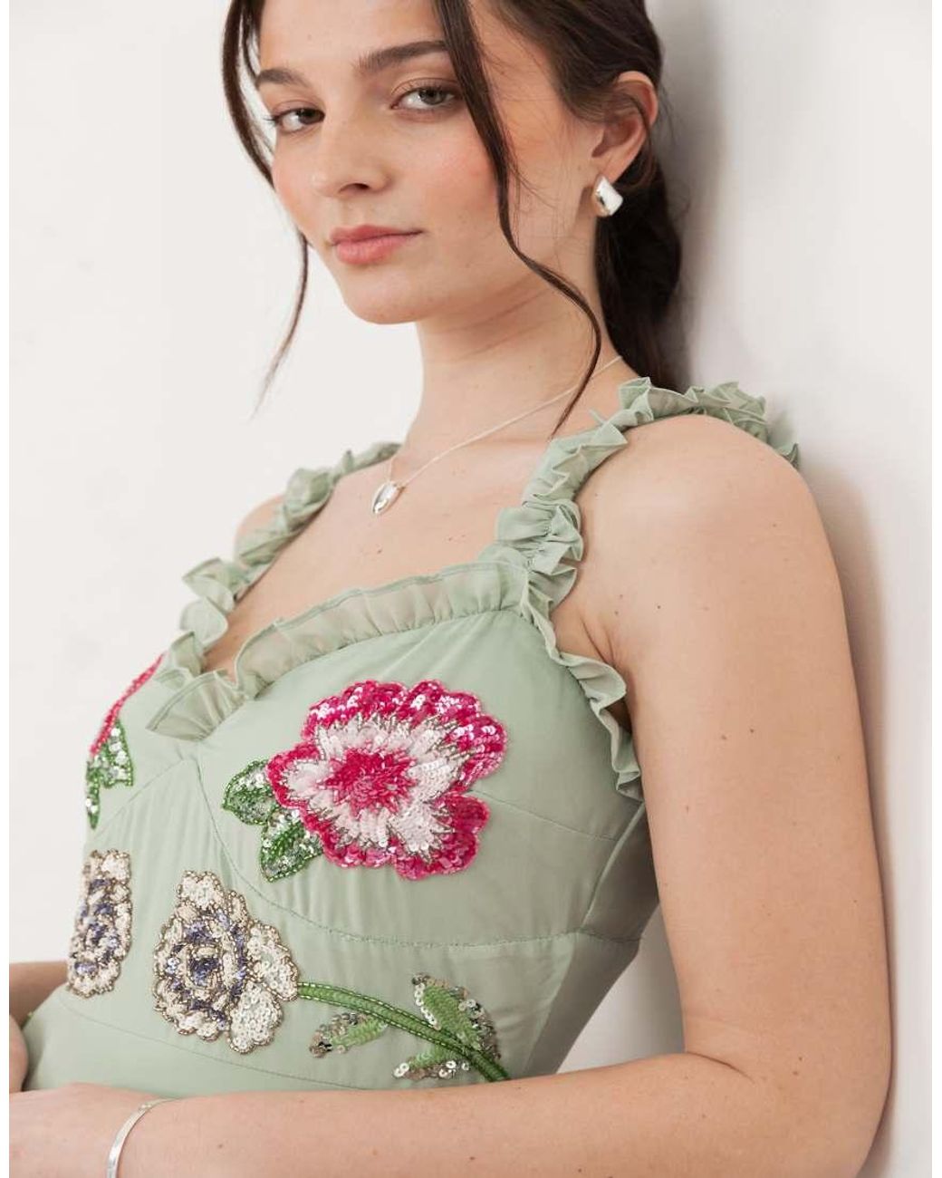 Maya Green Floral Embellished Ruffle Cami Maxi Dress