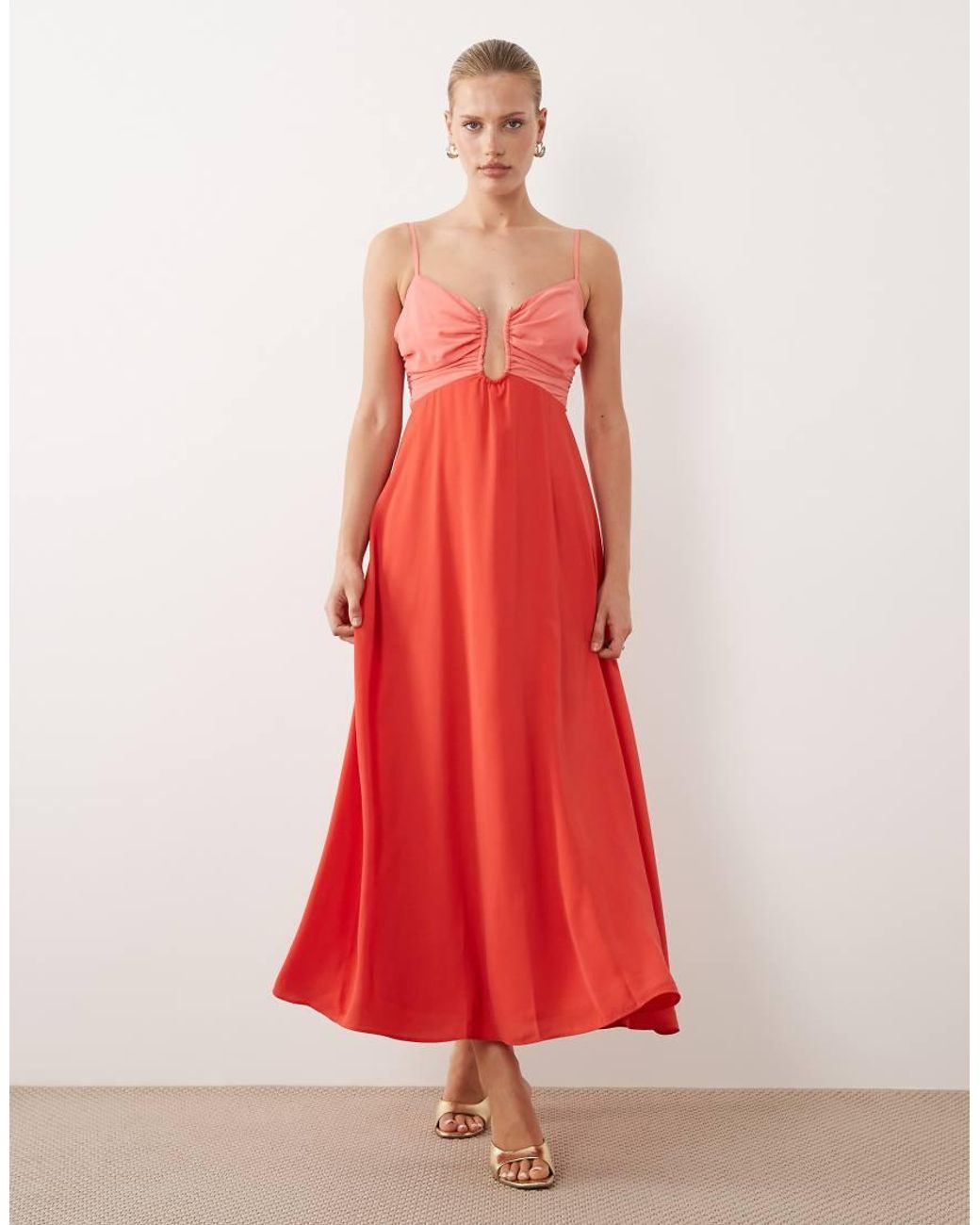 Abercrombie & Fitch Red Cut Out Detail Flowy Maxi Dress With Built