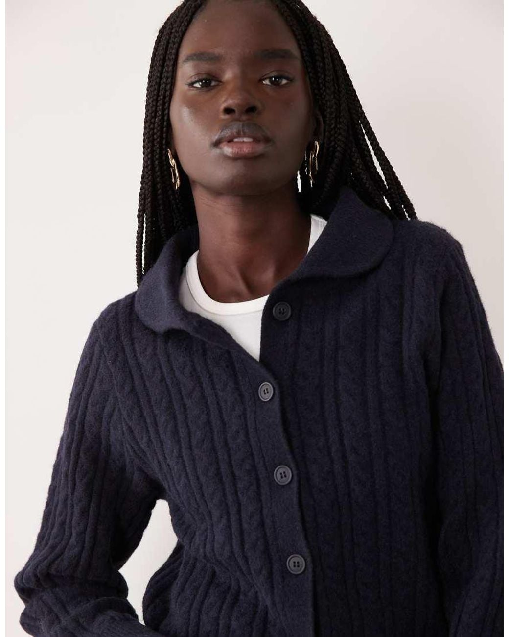 Miss Selfridge Blue Cable Collar Button Through Cardigan