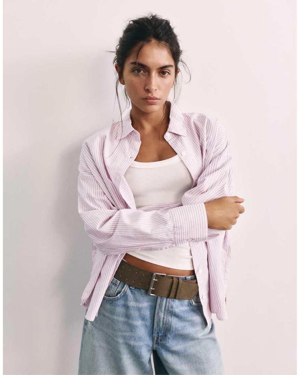Pull&Bear Pink Embroidered Striped Shirt