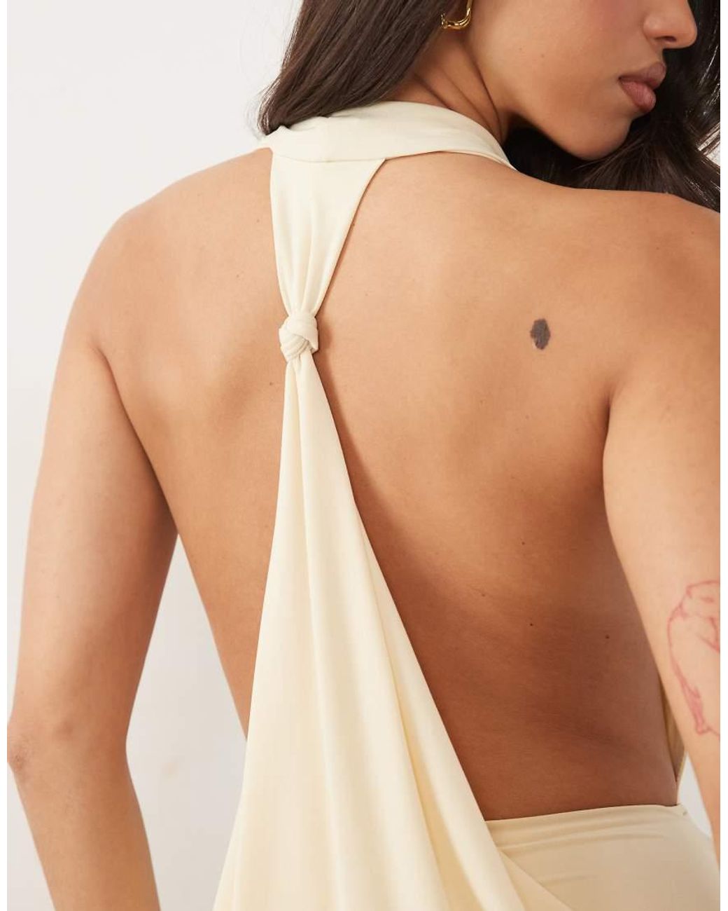 TFNC London Natural Slinky Cowl Neck Knot Detail Mini Dress