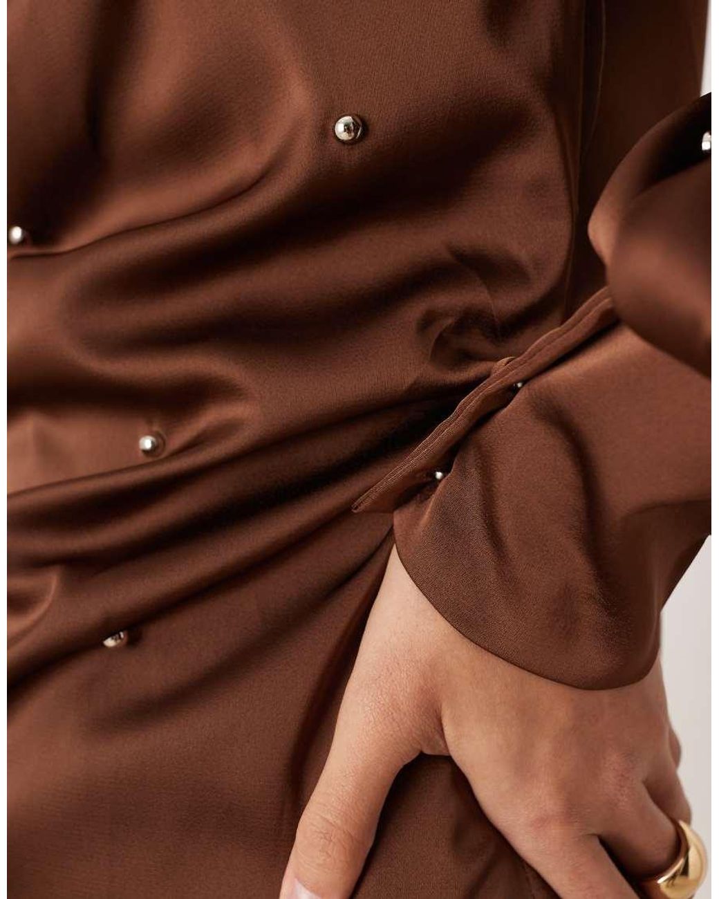 Ghospell Brown Cowl Front Balloon Sleeve Satin Studded Mini Dress