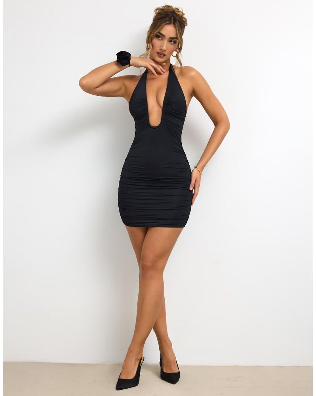 Oh Polly Blue Plunge Halter Neck Ruched Detail Mini Dress