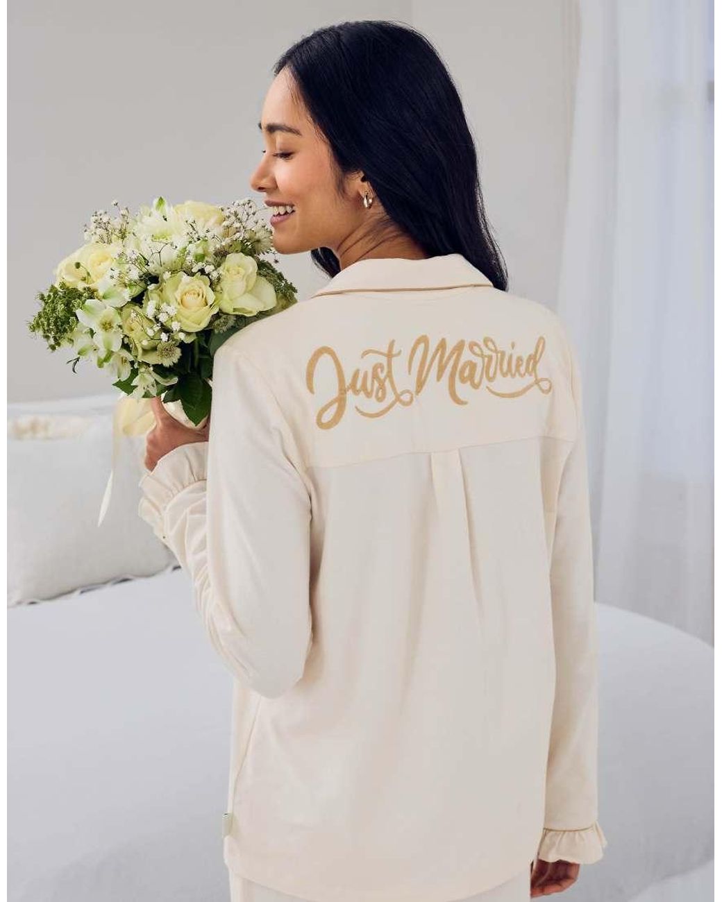 Chelsea Peers Natural Bridal 'Just Married' Revere Nightwer Set With Ruffle Hem And Cuff
