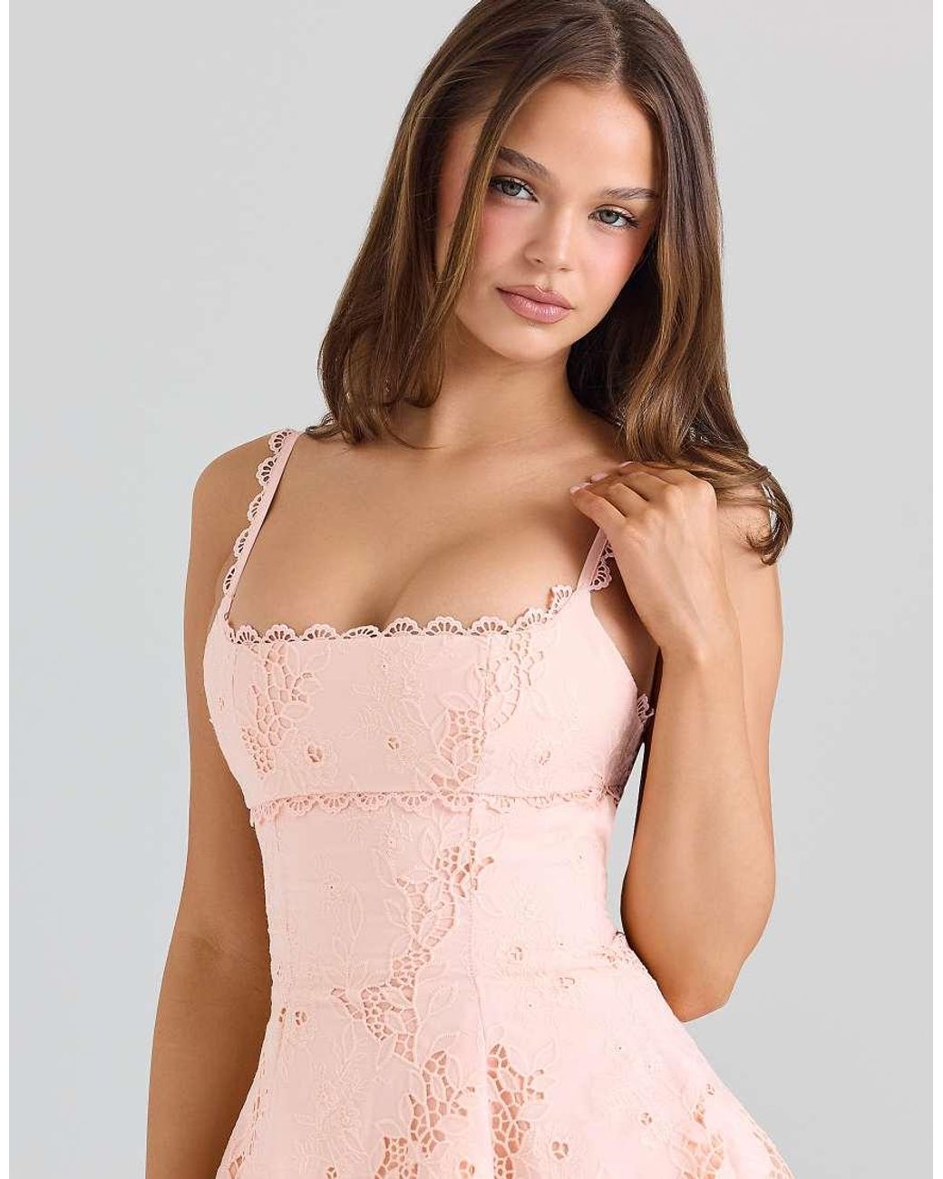 peach scallop lace broderie anglaise mini dress House Of Cb Isla Peach Scallop Lace Broderie Anglaise Mini Dress in Orange