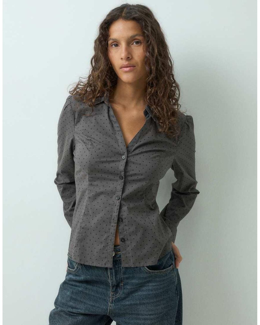 Hollister Gray Long Sleeve Fitted Tie Up Shirt