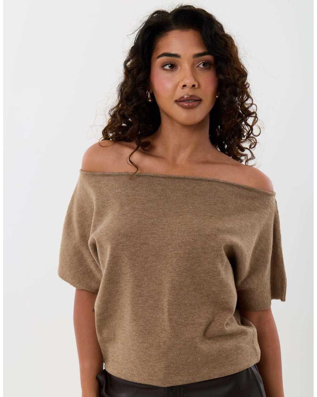 Threadbare Natural Short Sleeve Slash Neck Jumper